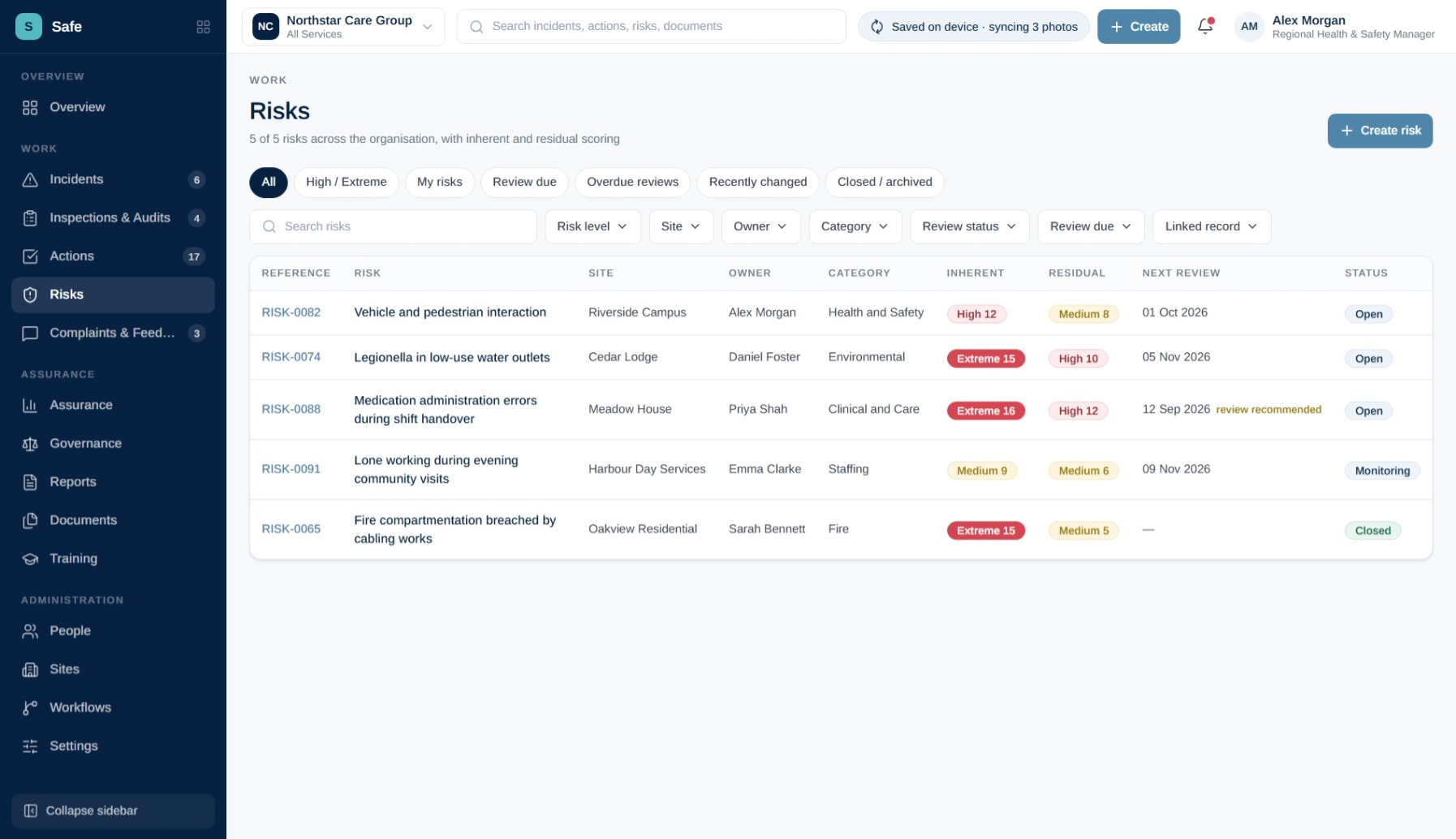 SiteIQ Safe risk record showing inherent risk, residual risk and review controls.