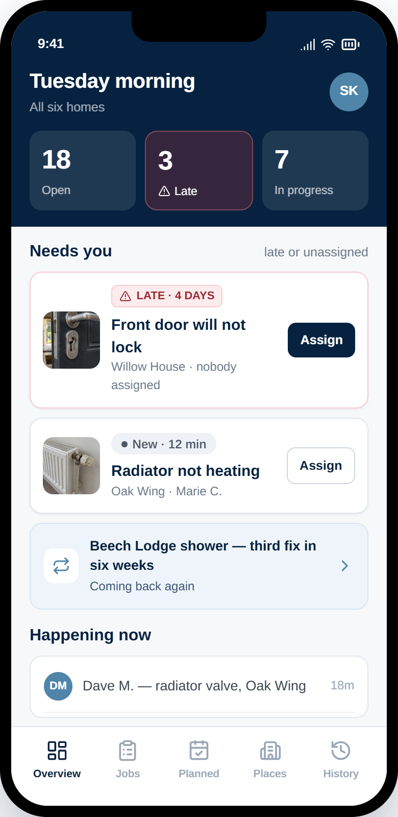 Maintain manager view on a phone: open, late and in-progress counts, jobs needing attention and a recurring-issue flag