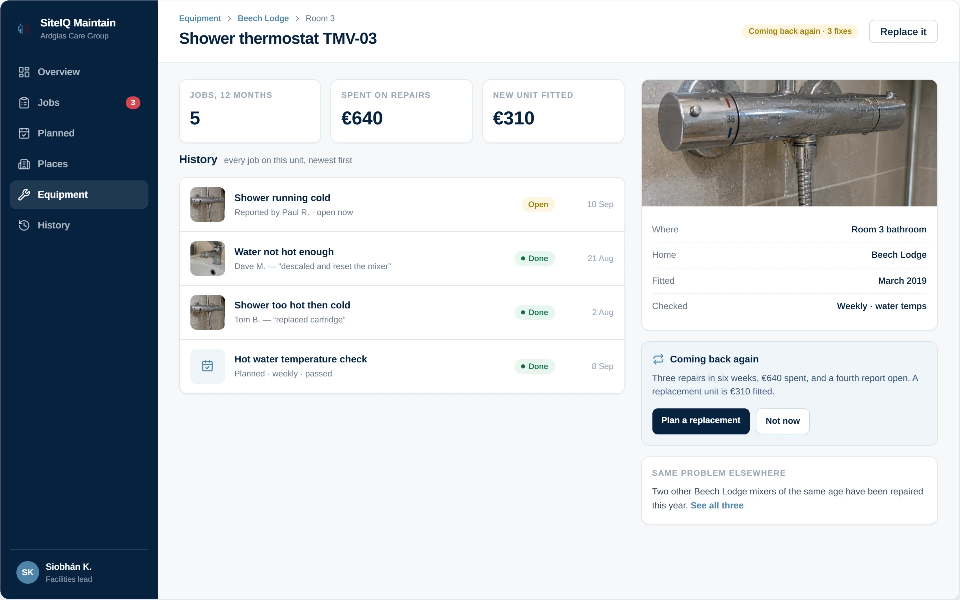 Maintain equipment history for a shower thermostat: five jobs in twelve months, spend on repairs against the cost of a replacement unit