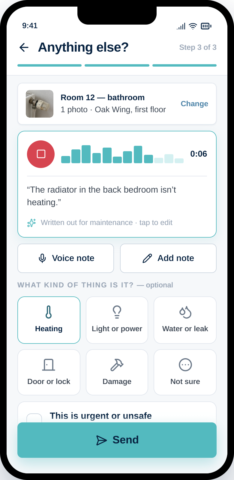 Maintain context screen: a voice note written out as text, optional category chips and a Send button