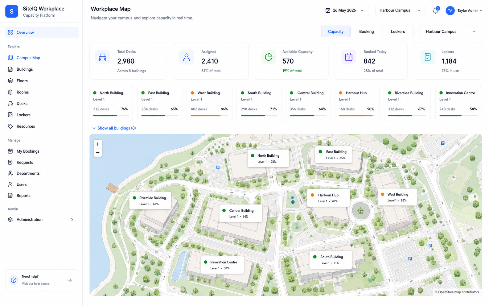 Workplace map showing campus with building capacity