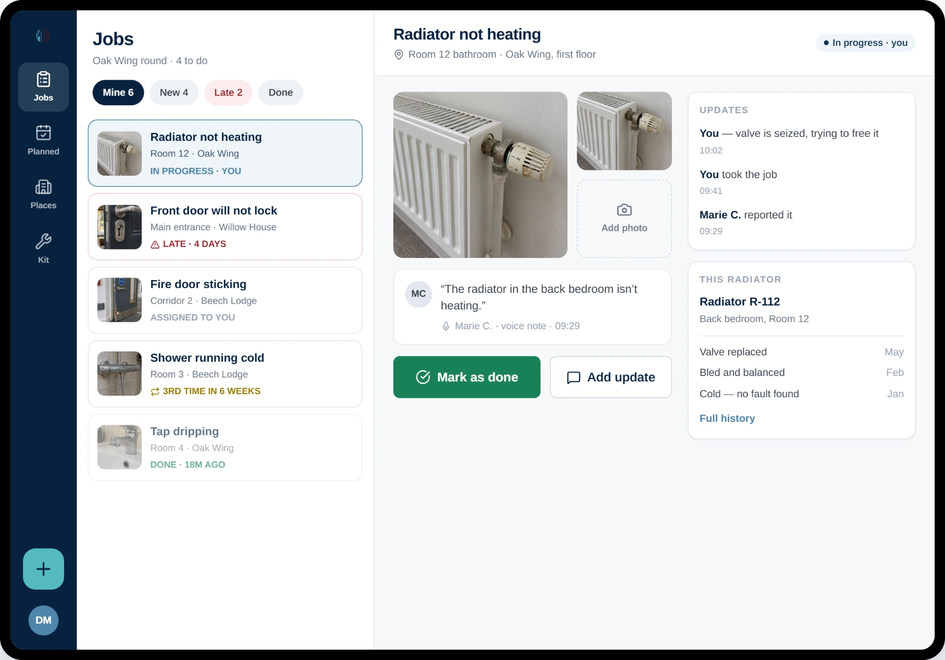 SiteIQ Maintain on a tablet: the job list beside a job's photos, updates and the equipment's full history