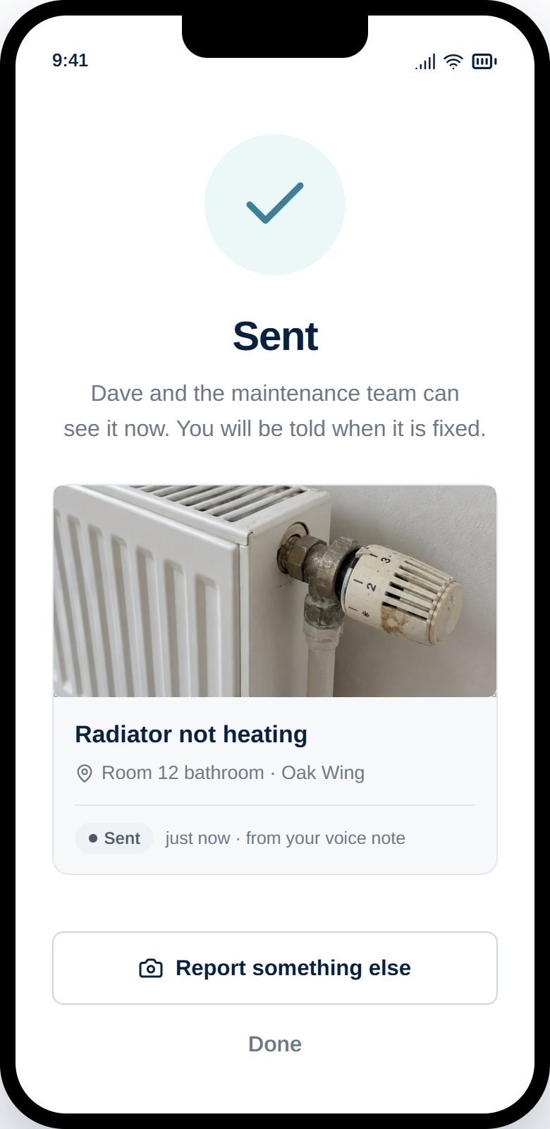 Maintain confirmation screen: Sent, with the report card and a note that the reporter will be told when it is fixed