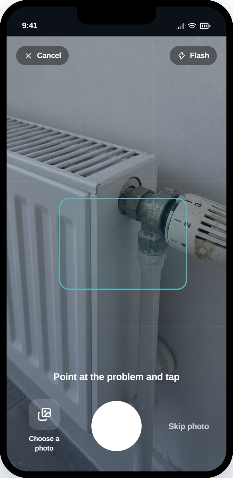 Maintain camera screen with the prompt: point at the problem and tap