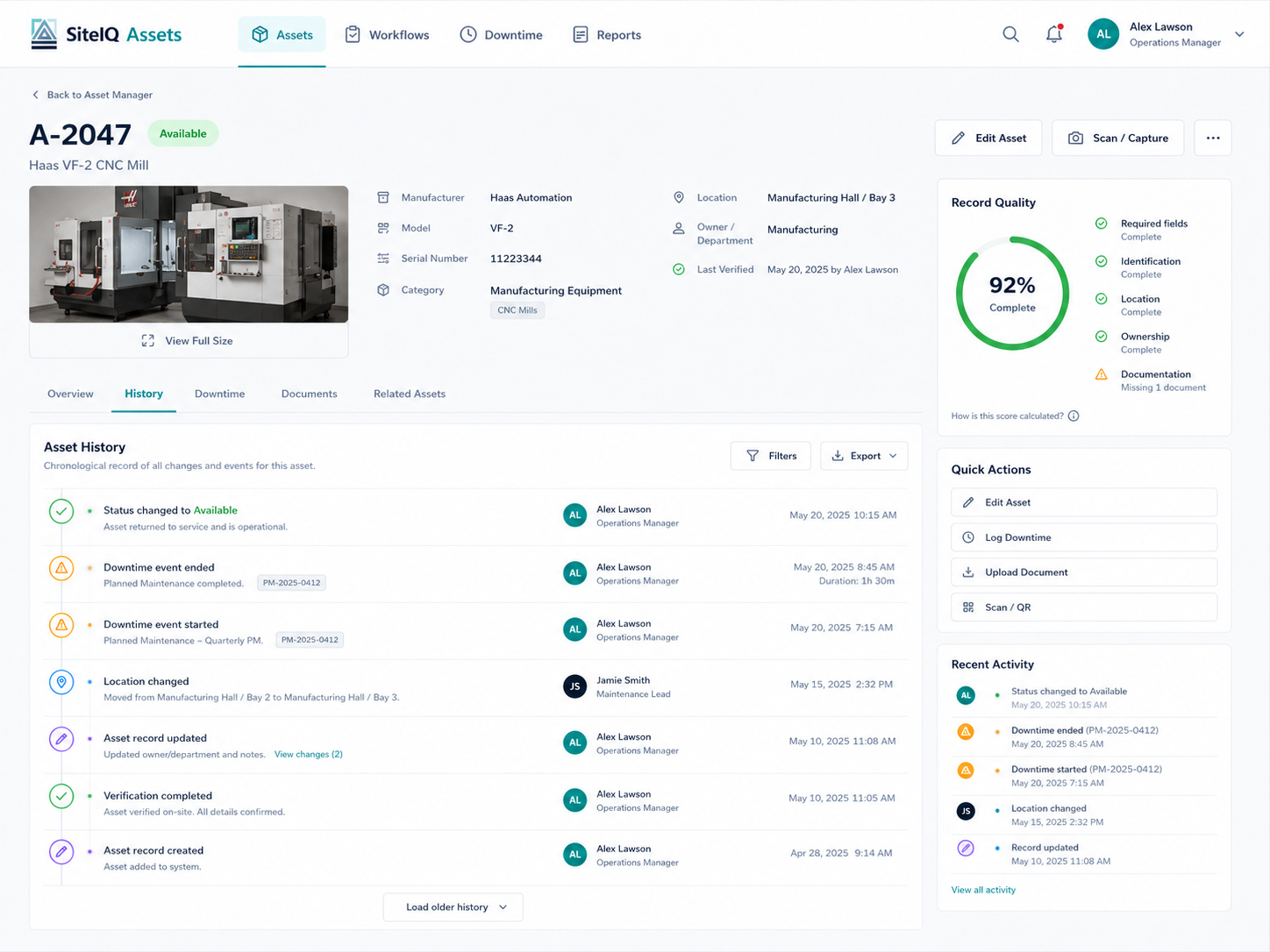 Asset history timeline for A-2047 CNC Mill showing status, downtime and location changes