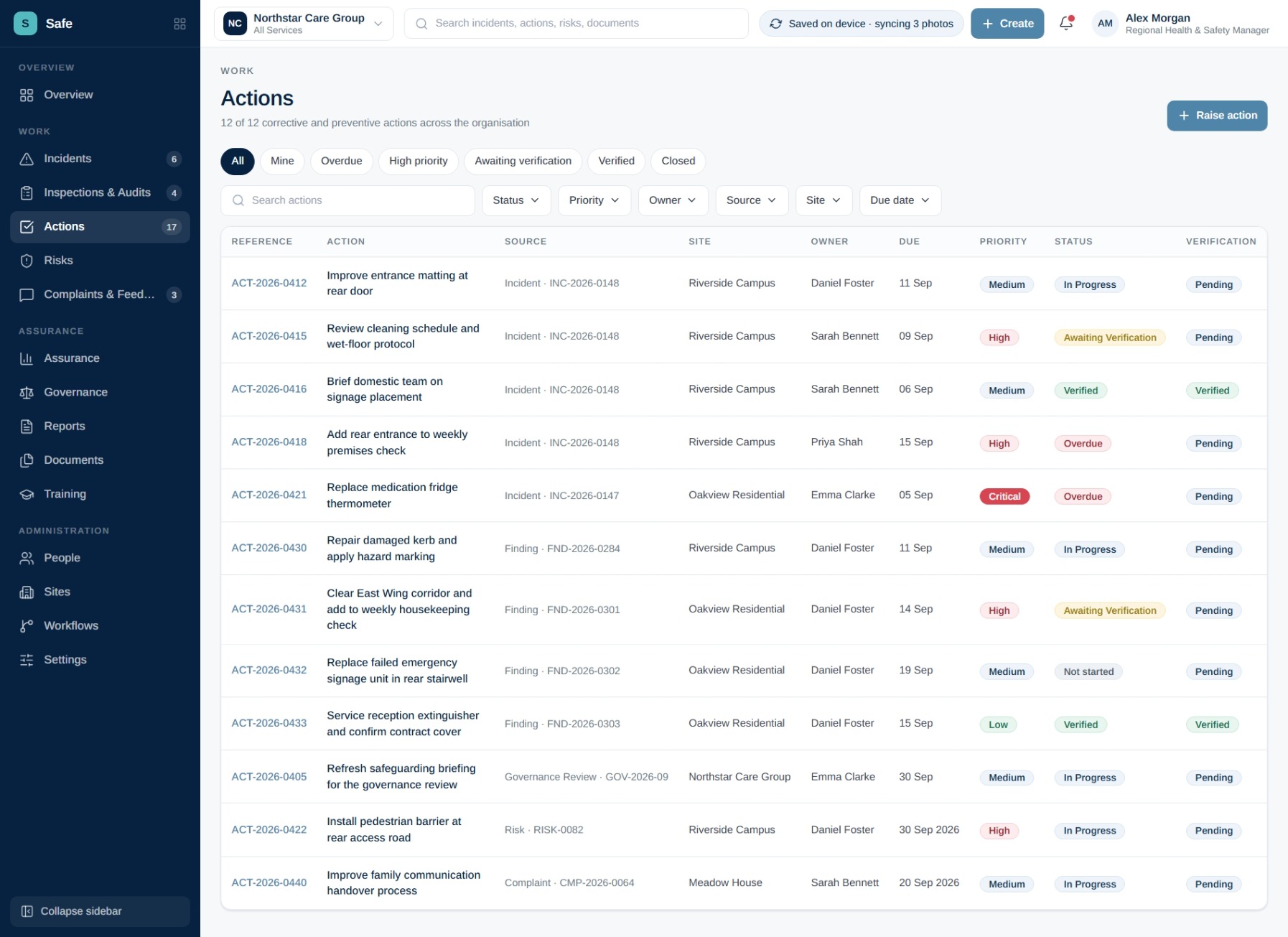 SiteIQ Safe corrective action register showing owners, due dates, status and verification.