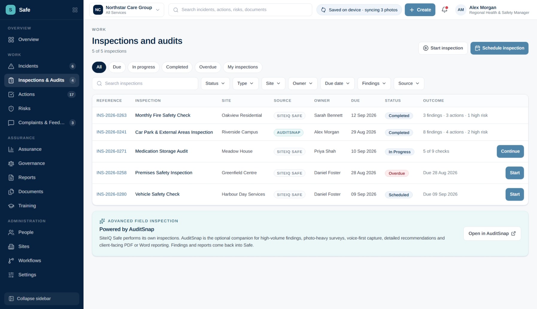 Completed SiteIQ Safe fire safety inspection showing findings, actions and audit history.