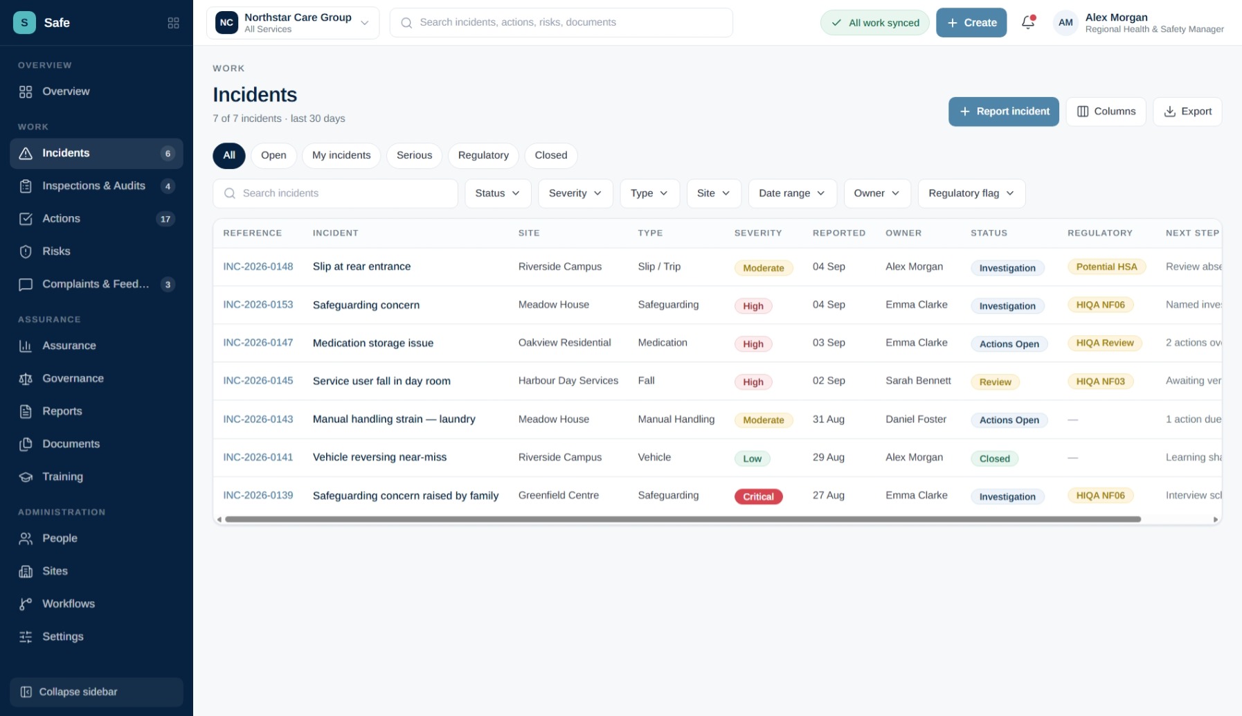 SiteIQ Safe incident record showing investigation workflow, linked records and evidence.