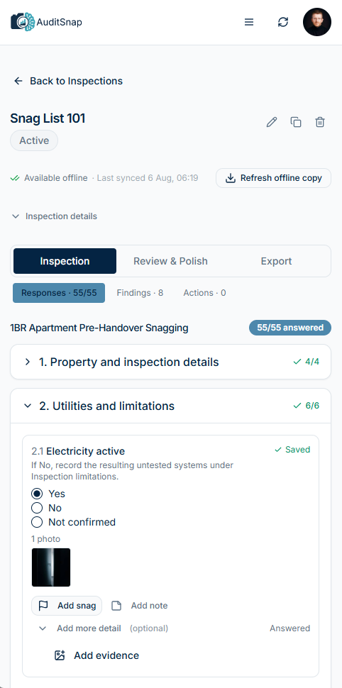 AuditSnap inspection report on a phone