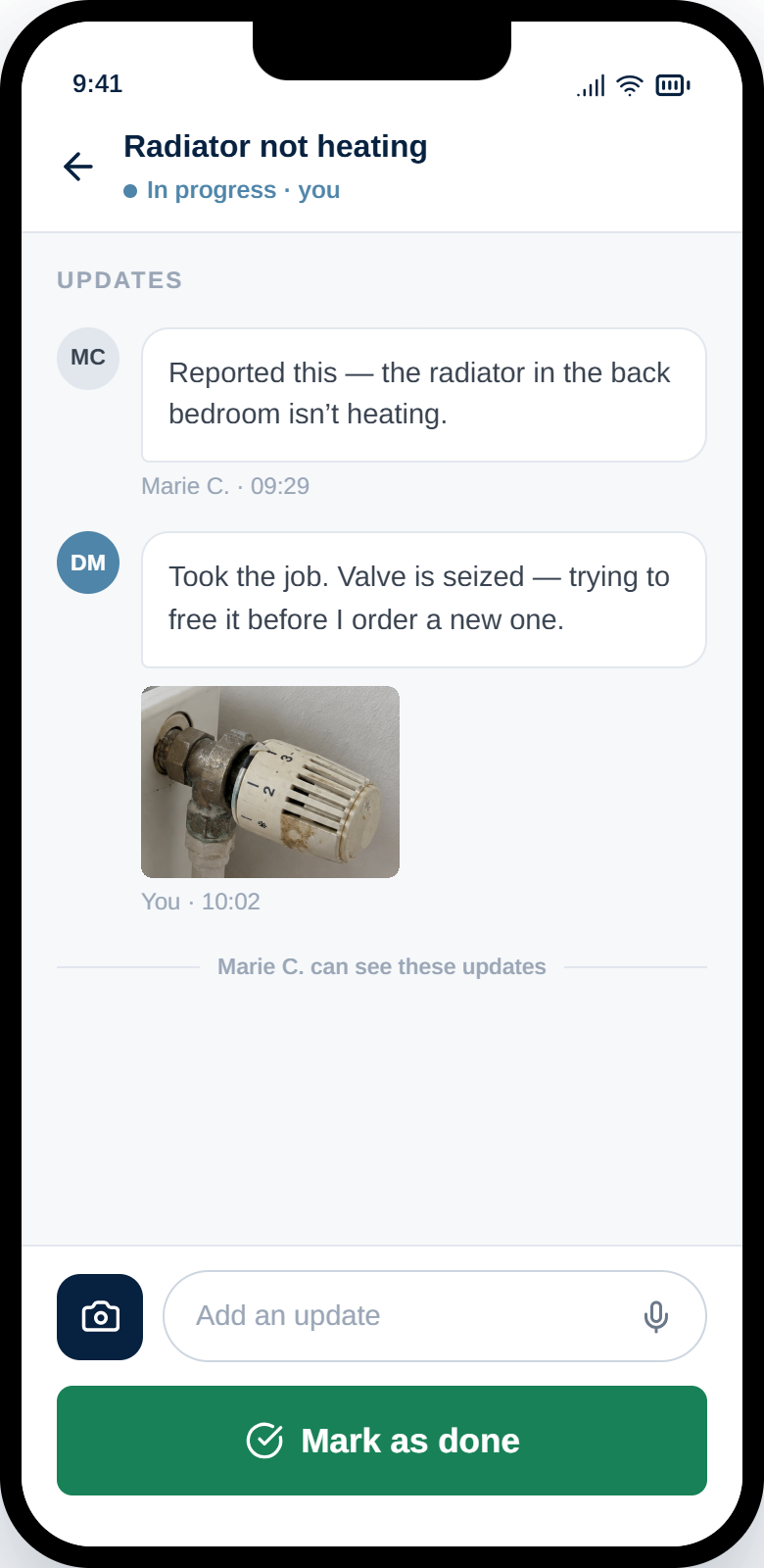Maintain job updates thread between the reporter and the maintenance worker, with photos