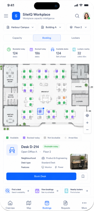SiteIQ Workplace desk booking on a phone