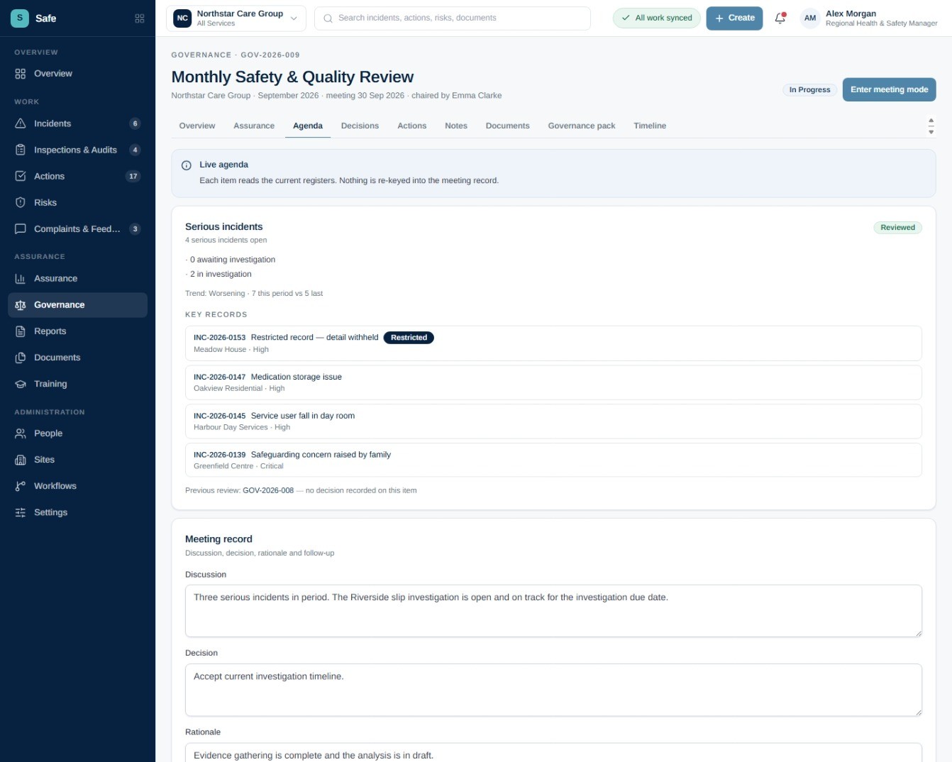 SiteIQ Safe governance meeting showing live agenda records and management decisions.