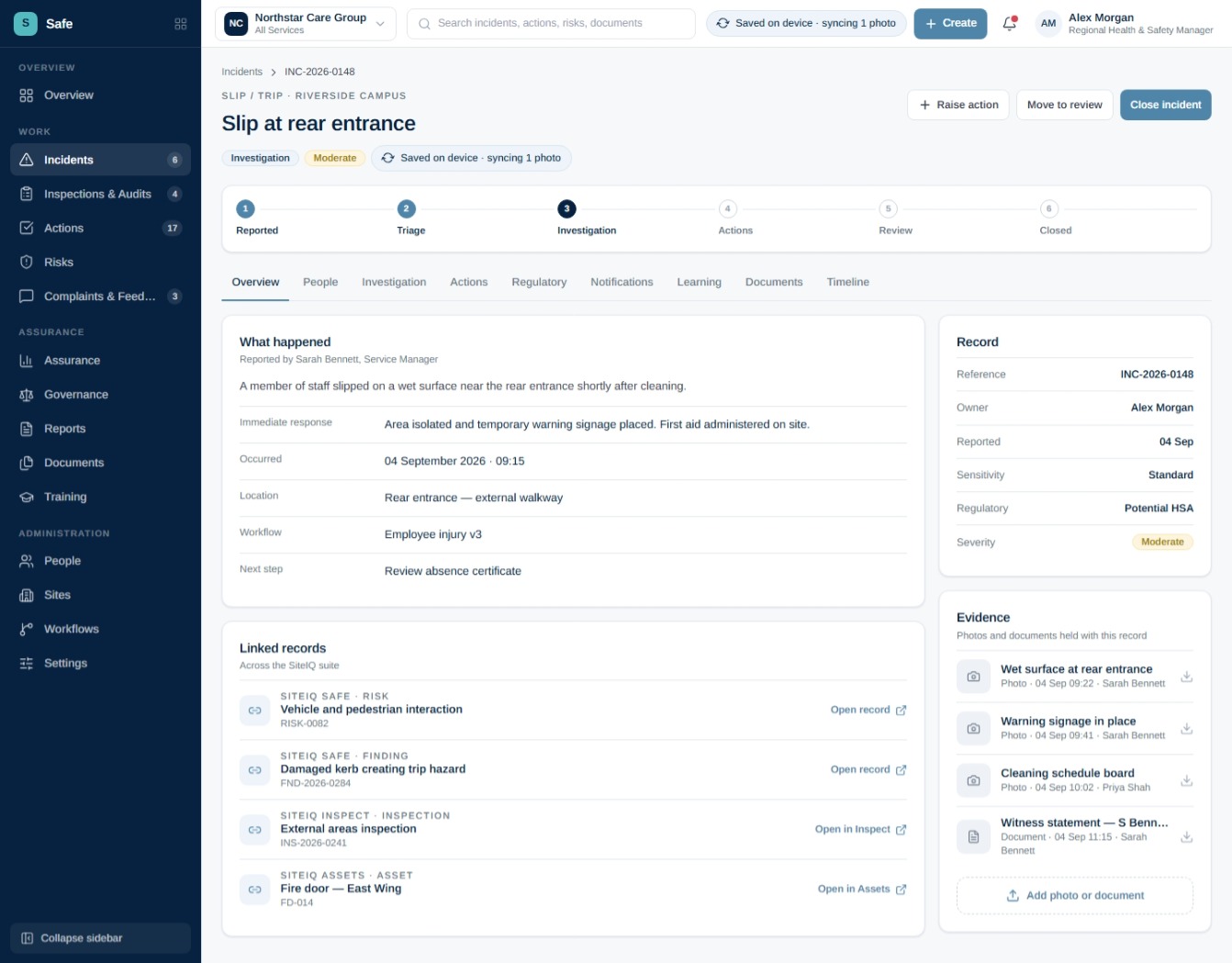 SiteIQ Safe incident record showing investigation workflow, linked records and evidence.