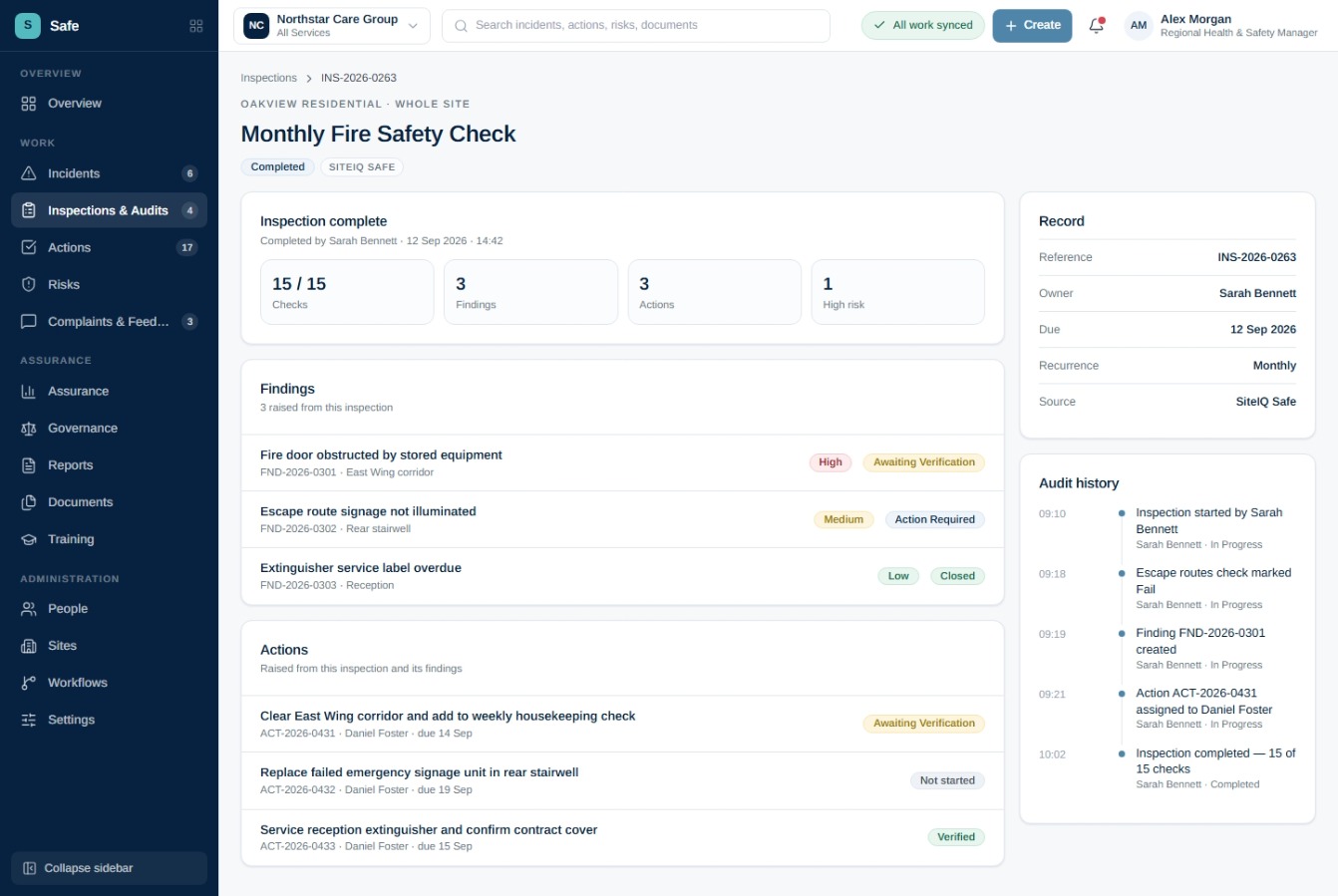 Completed SiteIQ Safe fire safety inspection showing findings, actions and audit history.