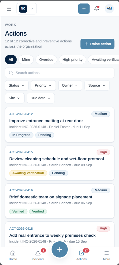 SiteIQ Safe corrective action register showing status and verification.