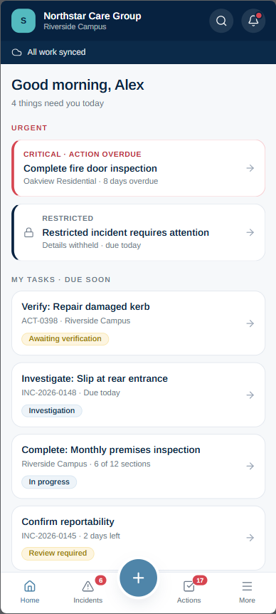 SiteIQ Safe mobile home screen showing urgent work and tasks due