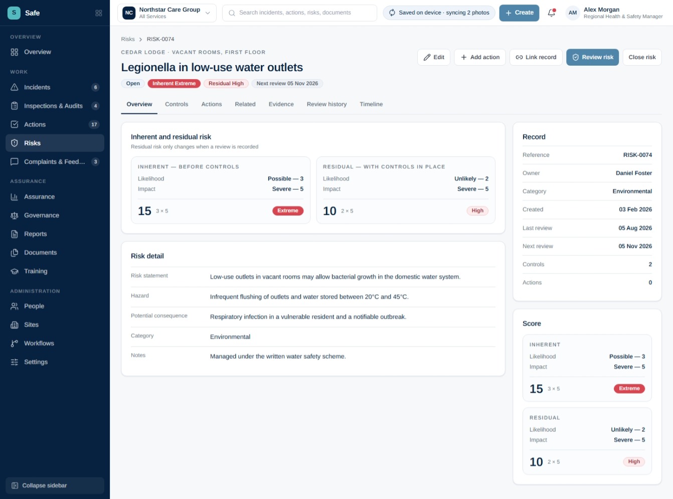 SiteIQ Safe risk record showing inherent risk, residual risk and review controls.